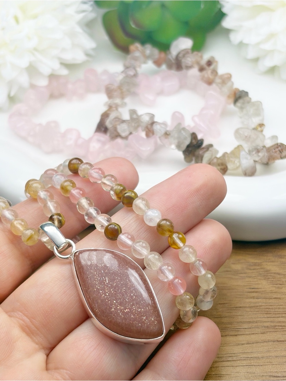 Moonstone Pendant Necklace Set Sterling Silver 925 Wavy Marquise Peach